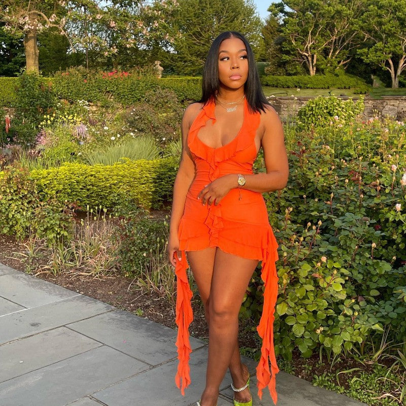 Summer Solid Color Sleeveless Low Collar Wooden Ear Irregular Asymmetric Hip Wrapped Short Dress Bella Mia